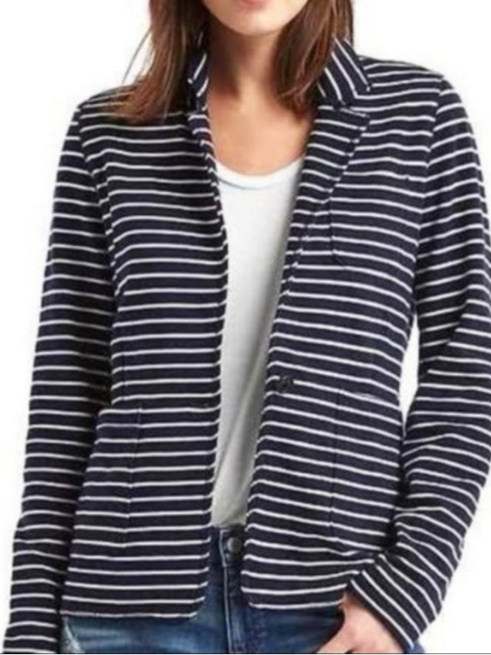 Gap NWT Academy‎ Blue White Nautical Striped Jersey Knit Patch Pockets Blazer